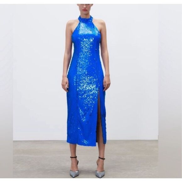 Zara Blue Sequin Sleeveless Halter Keyhole Slit Bodycon Party Midi Dress Medium - Picture 1 of 11